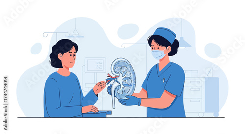 Doctor explaining kidney health and treatment options to patient in a hospital setting for