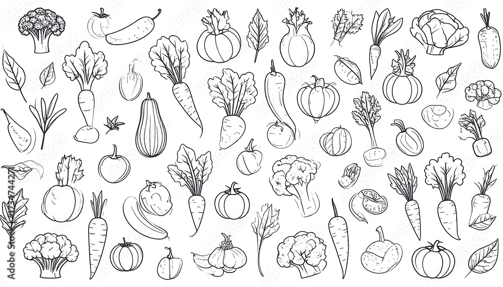 Fototapeta premium A collection of hand-drawn vegetable illustrations, displaying various types of produce in a black-line sketch style against a pure white backdrop.