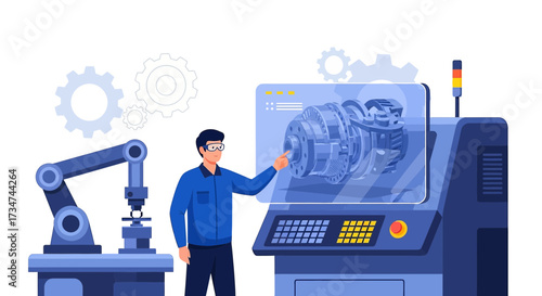 Engineer controlling automated robotic arm in a modern factory for manufacturing components using