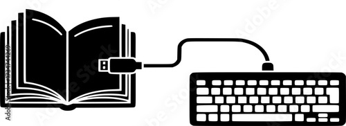 e learning icon. a book connected with a wired keyboard vector illustration