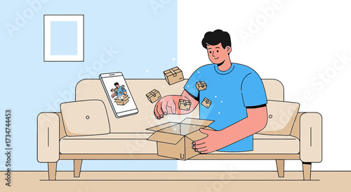 Excited man opening an online delivery box with magic effect near a smartphone on the sofa