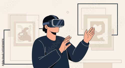 Exploring virtual art gallery experience with modern technology and vr headset illustration