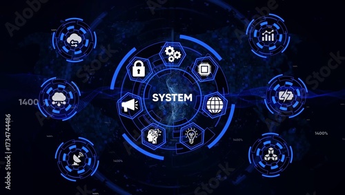 Cuadro en lienzo Centralized System Concept with Technological Icons and Digital Network Interfac