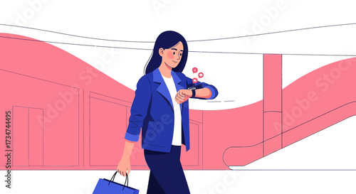Fashionable woman checking her smart watch in a modern shopping mall setting illustration