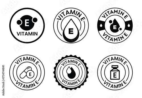 Vitamin E Graphic Icon Set Essential Nutrient Logos for Packaging and Marketing Black and White
