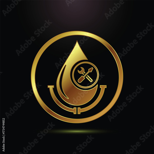 Elegant golden plumbing logo design featuring water drop and repair tools illustration