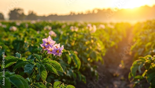 A field of potato plants in bloom, bathed in the warm light of sunrise, displays clusters of delicate purple flowers amidst lush green foliage.