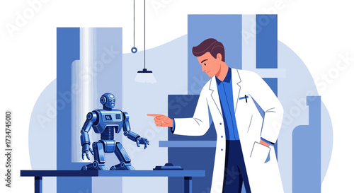Futuristic technology concept showcasing a scientist interacting with a robot in a laboratory