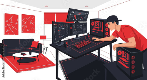 Gamer in action, a dedicated player immersed in a high tech gaming setup showing his hobby and