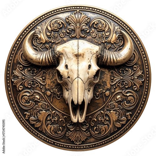 Ornate western bull skull belt buckle isolated on transparent background