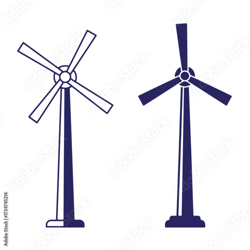 Two clean minimalist wind turbine illustrations showcasing green energy and renewable power
