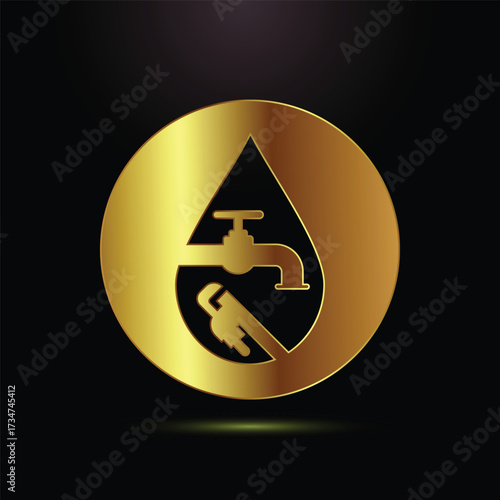 Elegant Gold Plumbing Icon Design Water Tap Wrench Inside Waterdrop Circle Shape