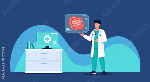 Healthcare professional explaining the gastrointestinal system on a digital display illustration