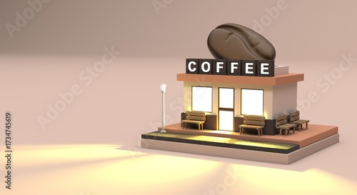 stylized coffee shop in pastel tones, with illuminated facade, outdoor benches, and a large coffee bean sculpture on the roof. Ideal for business concepts, coffee shops, urban design(3D illustration)