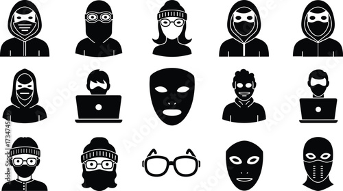 Collection of black and white icons representing hackers and masks balaclava glasses