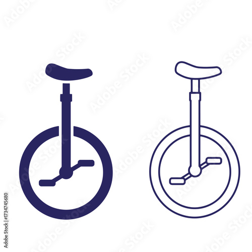 Two detailed line art illustrations representing a classic unicycle in solid and outline form