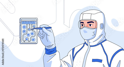 Illustration depicting a scientist working with cells in a sterile laboratory environment