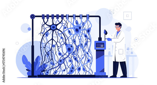 Illustration depicting a scientist studying complex neural networks in a laboratory setting