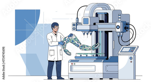 Illustration depicting advanced medical technology, specifically robotic limb manufacturing  and