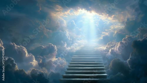 mystical stairway ascending into bright heavenly sky with shining sun rays breaking through soft clouds symbol of hope faith afterlife spiritual journey to paradise