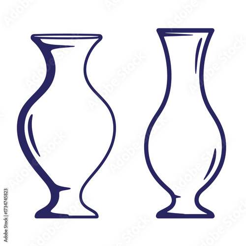 Two elegant outline vases with curvaceous shapes in minimalist dark blue color