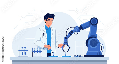 Illustration depicting scientist using robotic arm in modern laboratory setting