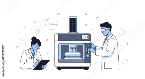 Illustration depicting scientists operating a 3D printer, showcasing technological advancement and