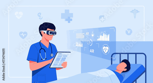 Illustration of a doctor using augmented reality to treat a patient in a hospital setting