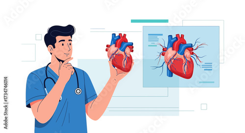 Illustration of a doctor examining a human heart anatomy for medical science concept