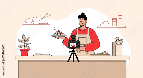 Illustration of a food blogger recording a cooking video demonstrating a pasta dish online food