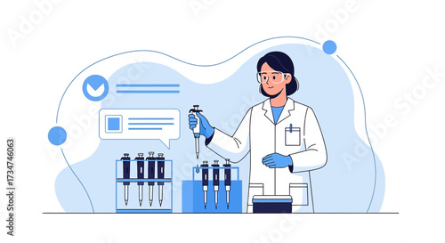 Illustration of a female scientist working in a laboratory with scientific equipment in a clean