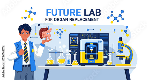 Illustration of a future lab with a scientist holding a human organ for replacement and advanced