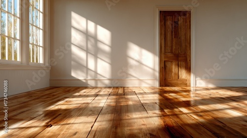 A minimalist empty room filled with soft natural light casting intricate shadows across the wooden floorboards, creating a sense of solitude and peacefulness.