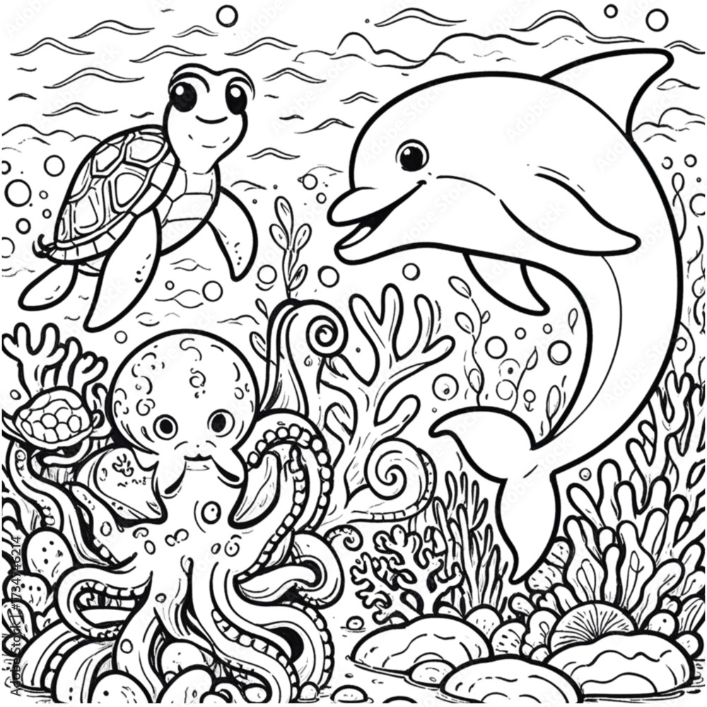 Fototapeta premium Illustration of cute sea animal coloring book vector image