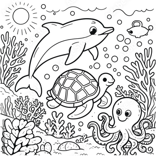 Illustration of cute sea animal coloring book vector image