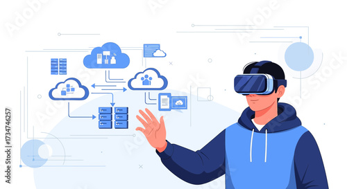 Illustration of a man using virtual reality technology to interact with cloud data flow