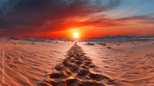 A breathtaking sunset casting warm hues over desert sand dunes, marked by footprints, evoking a sense of adventure and the beauty of nature's landscape.