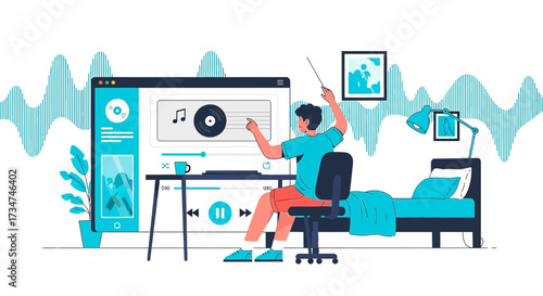 Illustration of a music composer or conductor creating music in a home studio setup