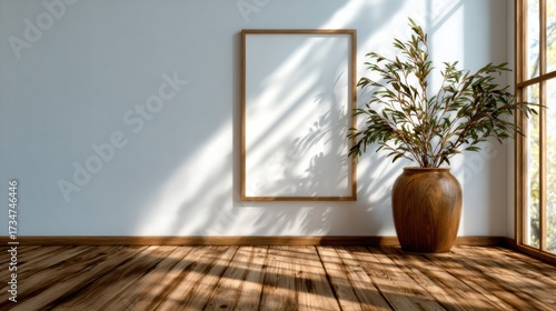 An inviting and well-lit room featuring a blank picture frame and a thriving indoor plant, creating a serene atmosphere perfect for creativity and relaxation.