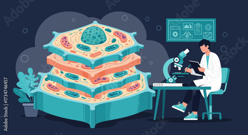 Illustration of a plant cell structure and scientist working with microscope in laboratory