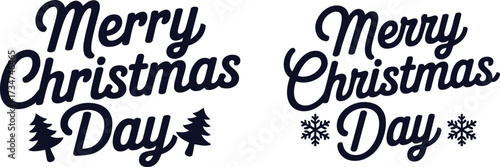 Festive Merry Christmas Day lettering set with script font, trees, and snowflake icons vector