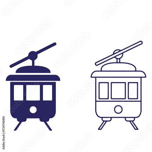 Two simple illustrations of a traditional cable car or funicular carriage in dark blue color