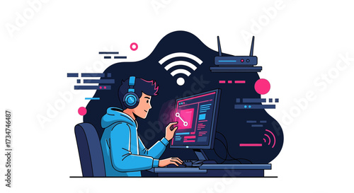 Illustration of a programmer or gamer working on a computer with a wireless connection
