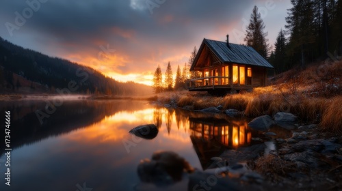 A picturesque cabin nestled by a tranquil lake, illuminated by a breathtaking sunset, surrounded by majestic trees and vibrant reflections in the water.