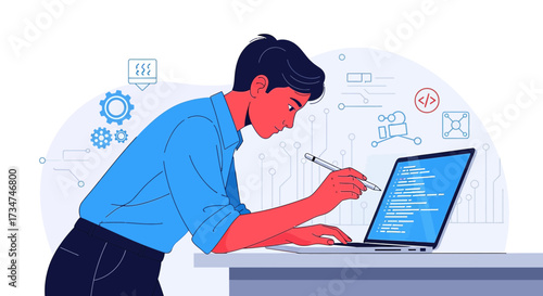 Illustration of a software developer coding with a stylus on a laptop creating software programs