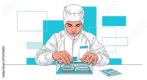Illustration of a technician in a cleanroom suit working with microchips precision