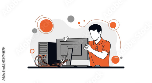 Illustration of a technician repairing or installing a computer with modern design and minimalist
