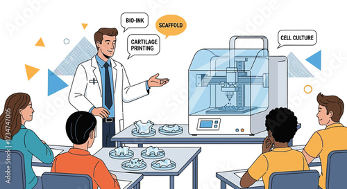Illustration of medical professional explaining 3D printing of cartilage to students