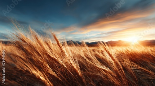 A breathtaking view of golden wheat swaying gently in the breeze, with a stunning sunset illuminating the sky, creating a serene and tranquil landscape scene.