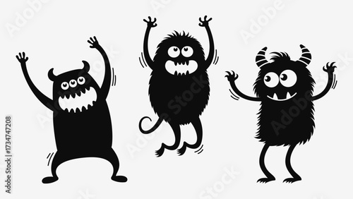 Cute Dancing Monsters Set. Fun Black Silhouette. Hand drawn vector illustration